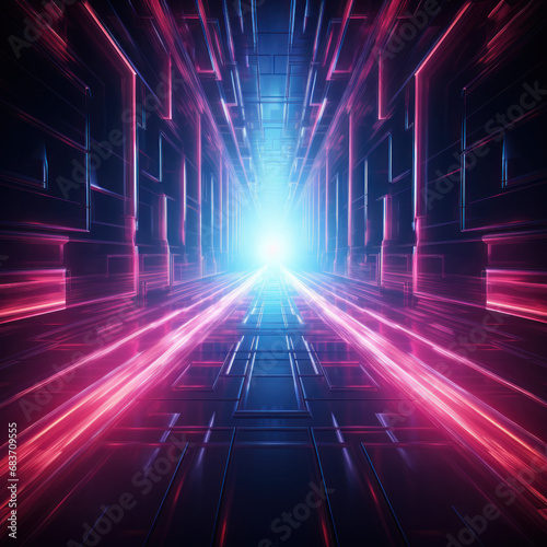 A digitally rendered corridor with bright purple and blue neon lighting for a cyber effect