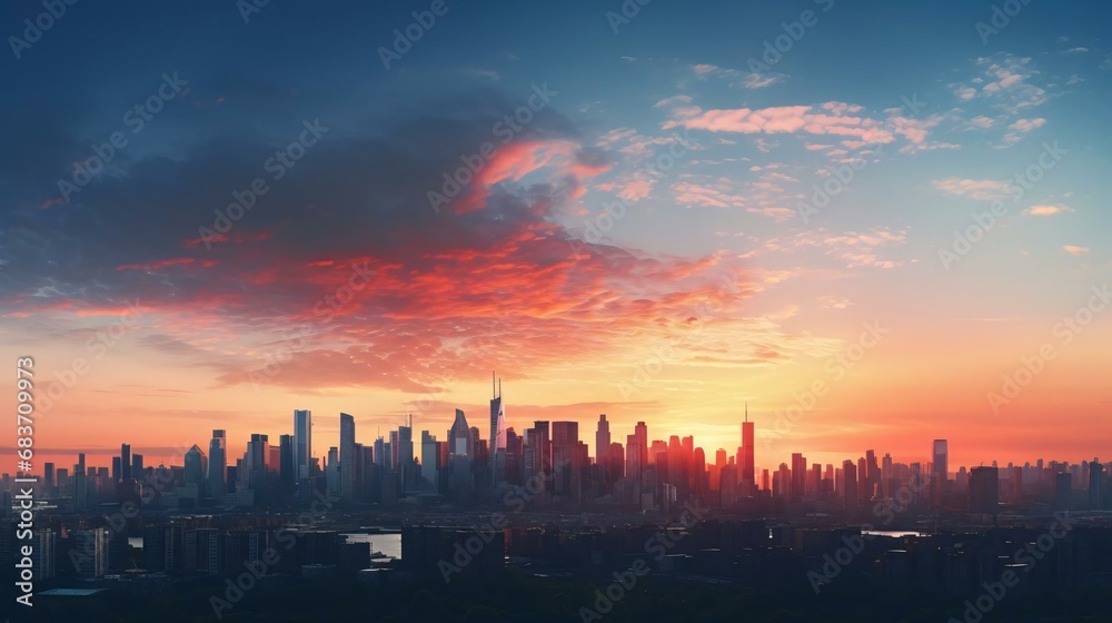 a city skyline at sunset