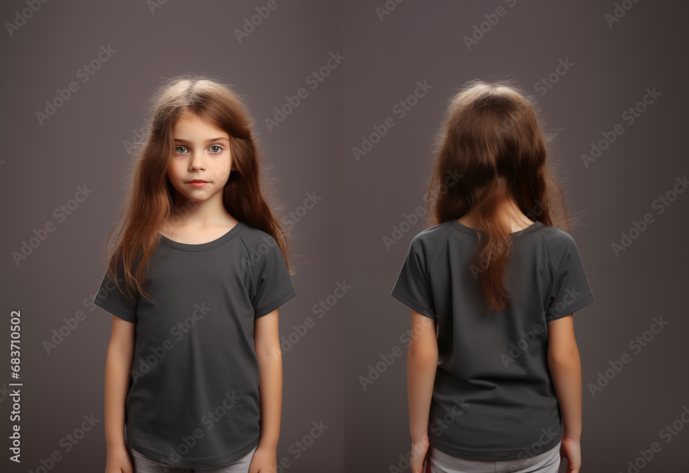 Front and back views of a little girl wearing a grey T-shirt