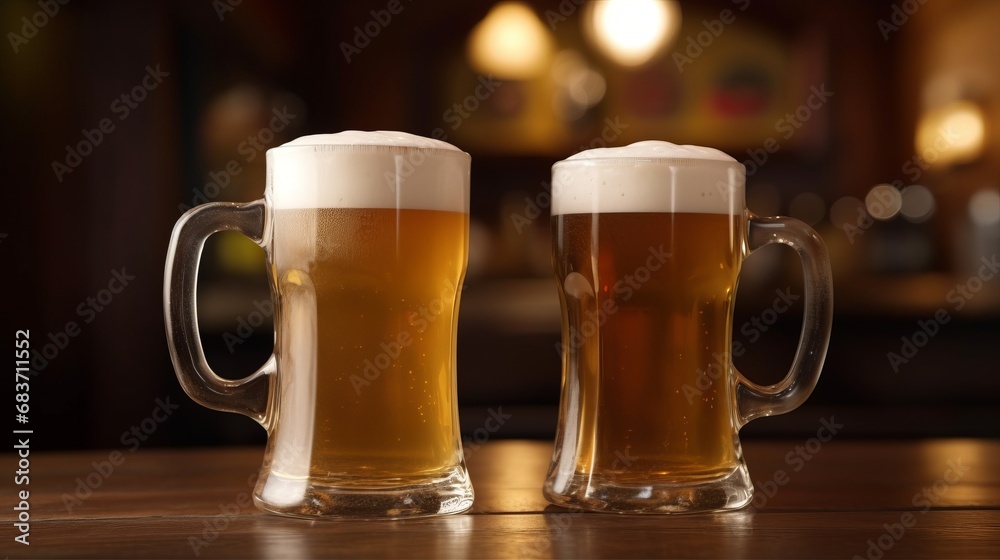 Two mugs of beer with foam frothy heads on wooden table in an English pub background, exuding a warm and inviting atmosphere. Two mugs of beer with foam frothy heads on wooden table in an English pub background, exuding a warm and inviting atmosphere.