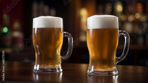 Two mugs of beer with foam frothy heads on wooden table in an English pub background  exuding a warm and inviting atmosphere.
