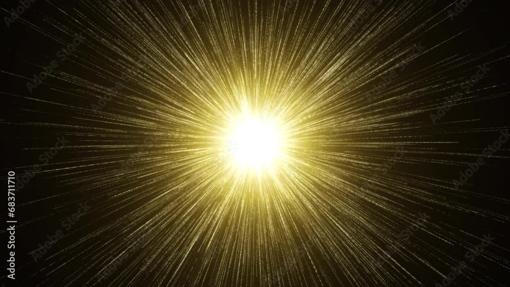 Bright light with rays and particles moving on dark background. Can be used horizontally and vertically with the Add or Screen blending modes.