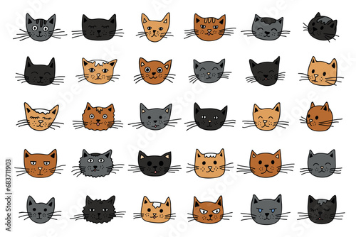 Hand drawn cat muzzle clipart. Cute pet face doodle set