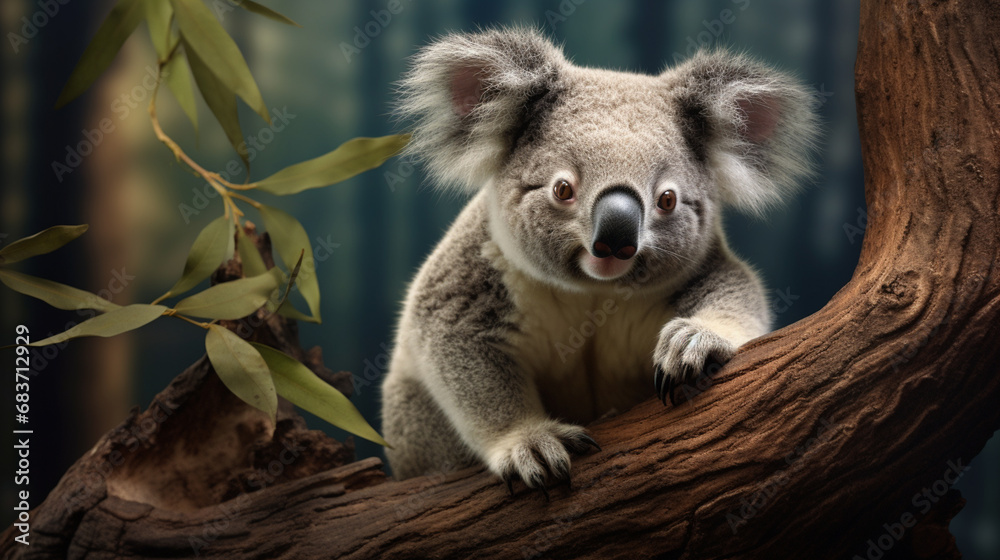 Fototapeta premium Curious koala on the trunk. A cute koala. generative ai