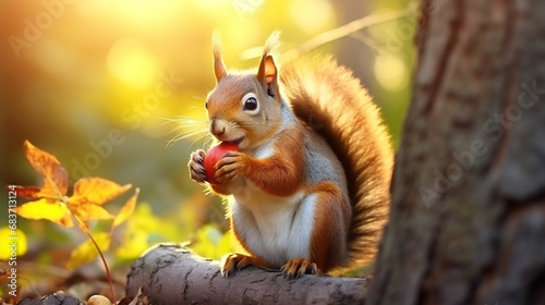Cute American red squirrel in autumn golden light eating acorn. generative ai photo