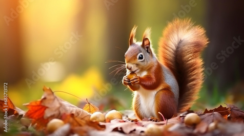 Cute American red squirrel in autumn golden light eating acorn. generative ai photo