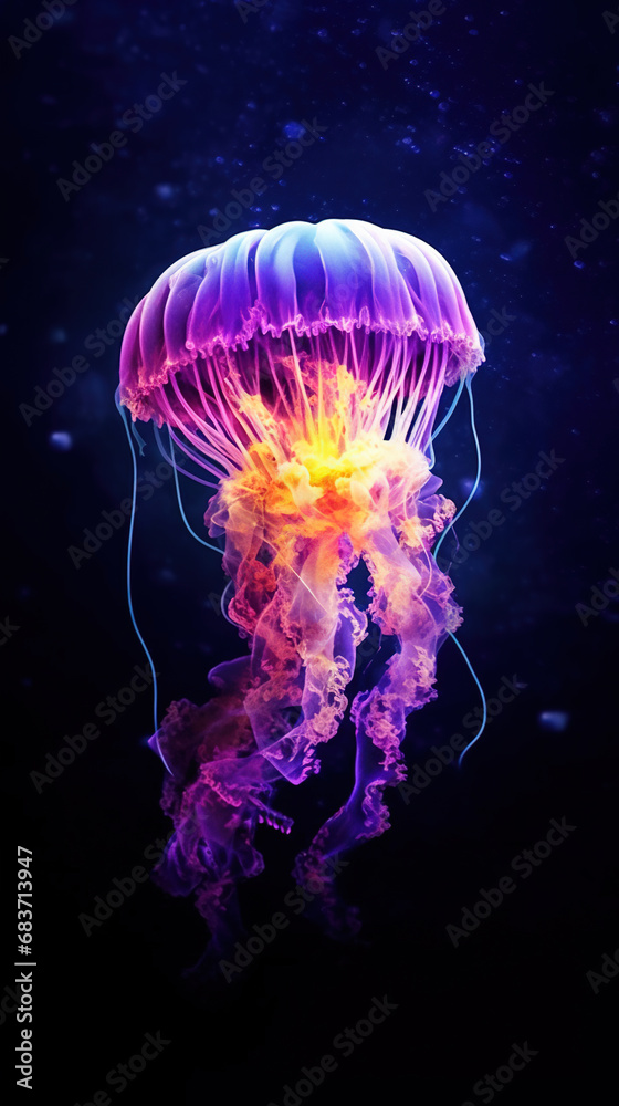 Glowing Jellyfish in The Sea Blurry Background
