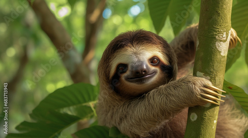 Cute sloth hanging on tree branch with funny face look  perfect portrait wild animal generative ai