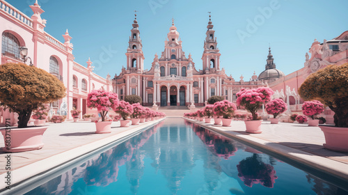 Serene pink baroque architecture with reflecting pool and blooming trees under blue sky. Generative AI