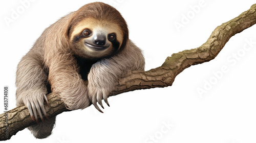 Cute two-toed sloth hanging on tree branch isolated on white background. generative ai