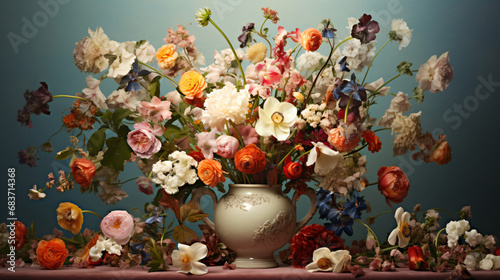 A white vase filled with lots of flowers on a table