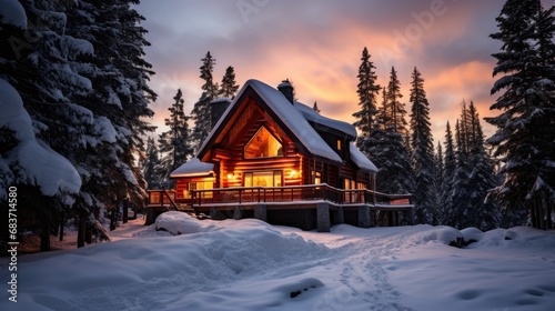 Twilight descends on a snow-covered log cabin in the forest, with glowing windows against a backdrop of orange-hued clouds. © Antonio
