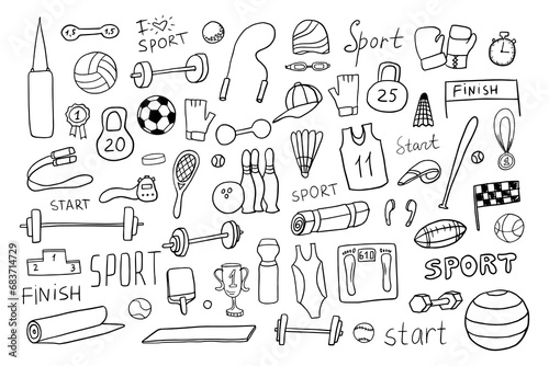 Big set of hand drawn doodle sport icons. sports equipment, badminton, basketball, football, boxing, fitnes. Collection of design elements. Great for banners, sites, posters. Vector illustration EPS10