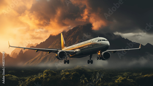 Commercial Airplane Landing at Dusk with Dramatic Sky Over Tropical Mountains. Generative AI photo