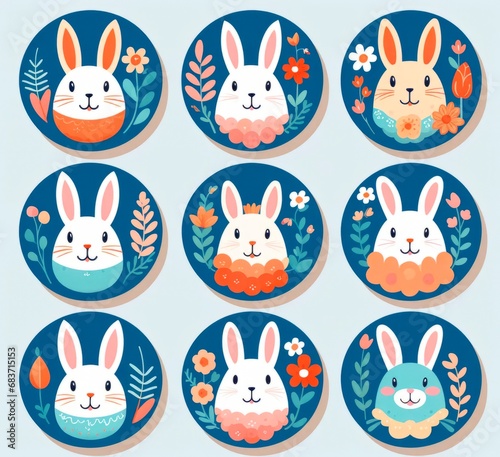 Set of cute colorful different easter bunnies on blue background with flowers and ornaments . easter card banner wallpaper