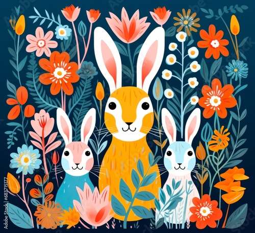 Set of cute colorful different  easter bunnies on blue background with flowers and ornaments .  easter card banner wallpaper