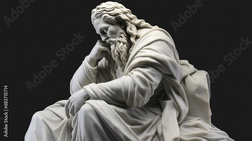 High-resolution image of a white marble statue with intricate veining. Classical and elegant, showcasing fine art and detailed craftsmanship. Represents Greek and Roman ancient sculpture