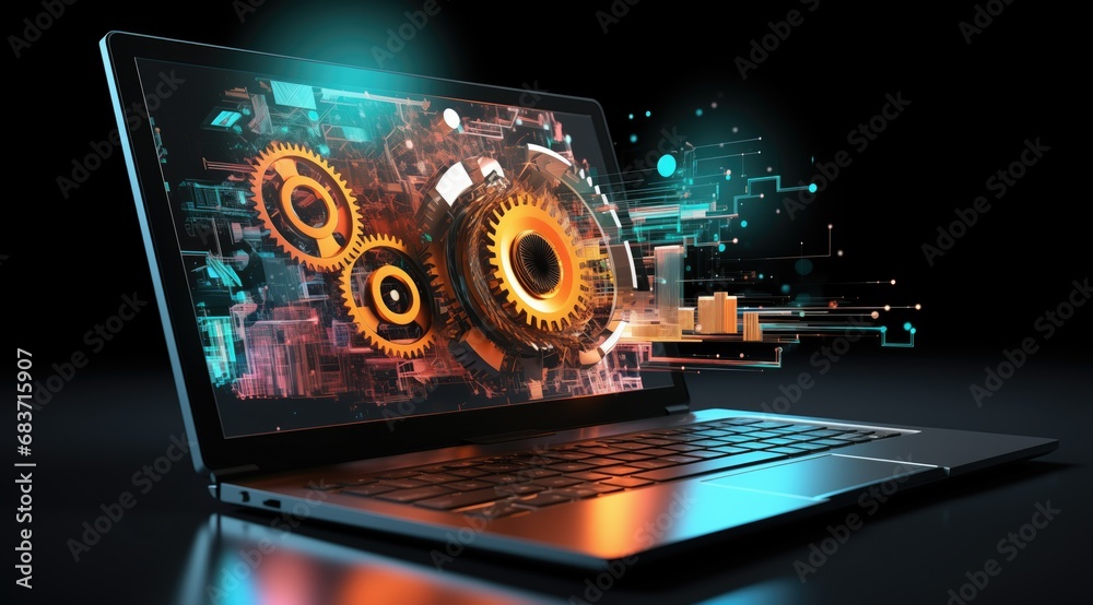 High-resolution computer screen with futuristic background, showcasing hyper-realistic gears and intricate mechanical forms. Software updates concept, development and maintenance - obrazy, fototapety, plakaty 