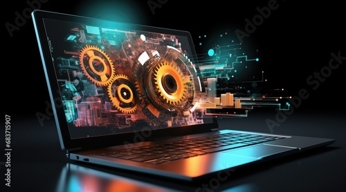 High-resolution computer screen with futuristic background, showcasing hyper-realistic gears and intricate mechanical forms. Software updates concept, development and maintenance