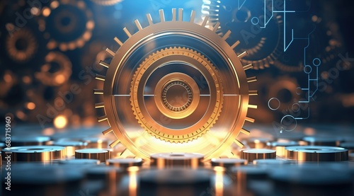 High-resolution computer screen with futuristic background, intricate gears, and polished metallic surfaces. Industrial angles and hyper-realistic details create a visually striking composition. Effi photo