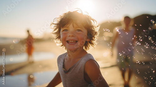 happy smiling child playing on defocused bokeh flare beach background at sunset © BeautyStock