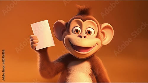 Cute happy cartoon monkey holding a blank sign. Created with Generative AI.	
 photo