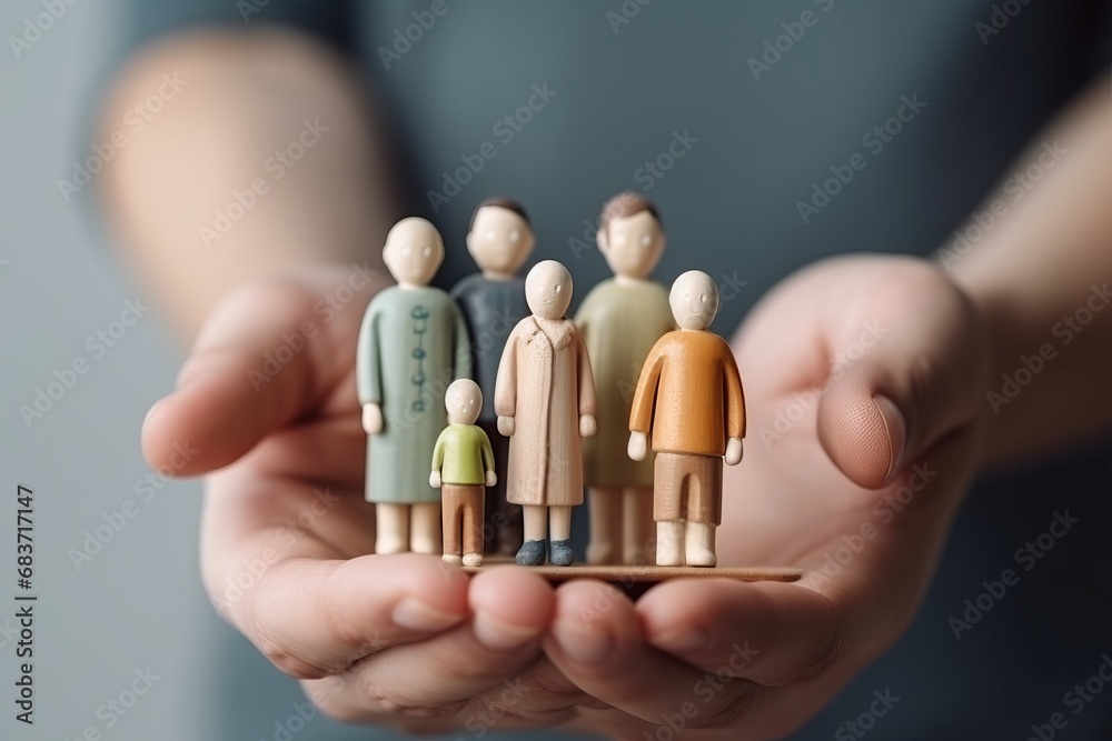 Family bonding through play: Miniature doll toy family cradled in human hands. A heartwarming love, protect, family insurance and secure concept, capturing the essence of care, and connection. Family bonding through play: Miniature doll toy family cradled in human hands. A heartwarming love, protect, family insurance and secure concept, capturing the essence of care, and connection.