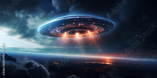 Otherworldly Visions: Mysterious UFO Amidst Twilight. Astral Journey: Mysterious Flight in Night Sky with UFO