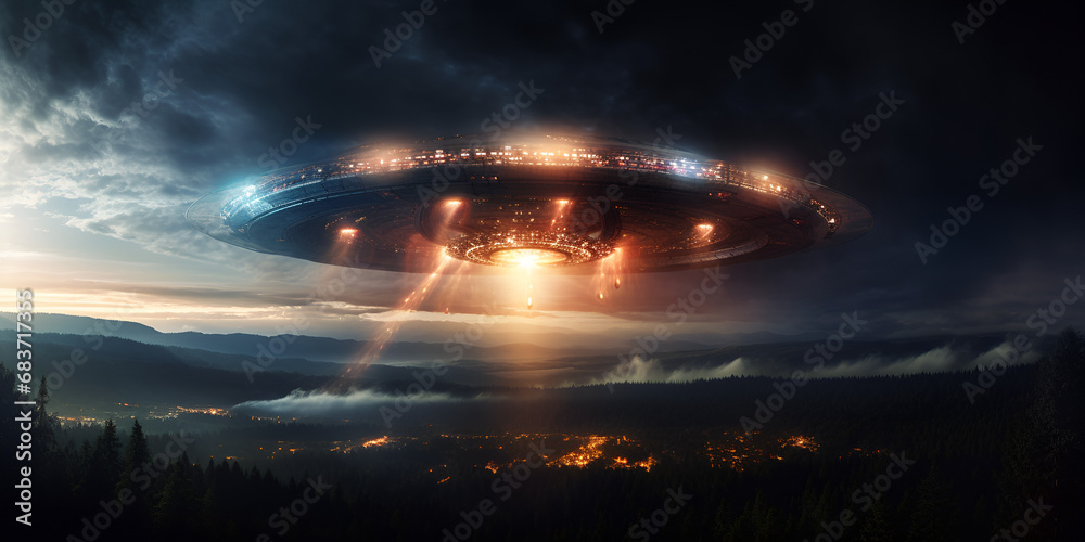 UFO in the dark sky Fantasy landscape with flying saucer in the sky Flight of an unidentified object. Celestial Encounter: UFO Soaring in Enigmatic Night Sky