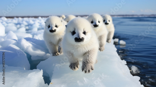 Group of Cute White Sea Seal Run on The Snow At Ocean Seascape Blurry Background photo