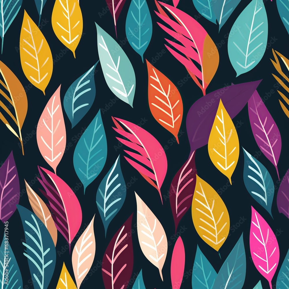 Colorful Cartoon Leaf Contours with Geometric Abstract Floral Pattern

