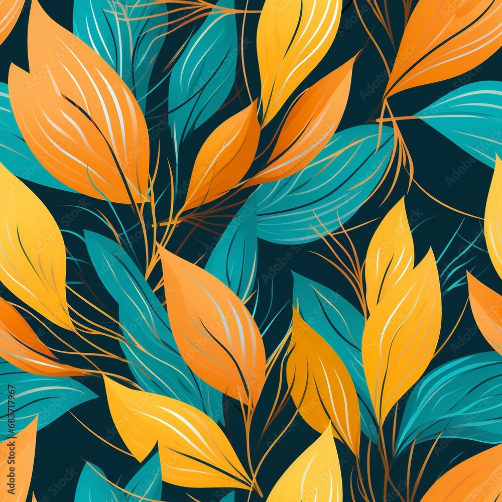 Fototapeta premium Colorful Cartoon Leaf Contours with Geometric Abstract Floral Pattern