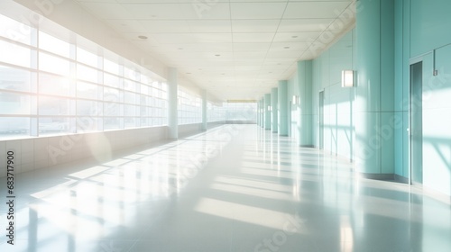 Well-lit corridor with white walls  featuring aquamarine medical-themed murals. Detailed illustrations of anatomical structures  DNA strands  and microscopic cells create a hyper-realistic ambiance. 