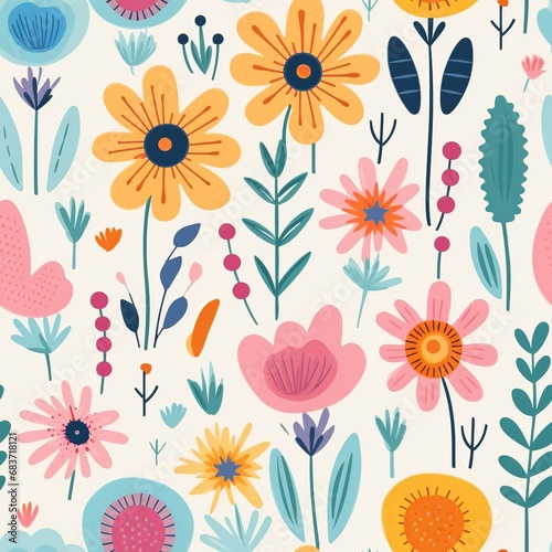 Children s Colorful Floral Doodle  Seamless Pattern Wallpaper 