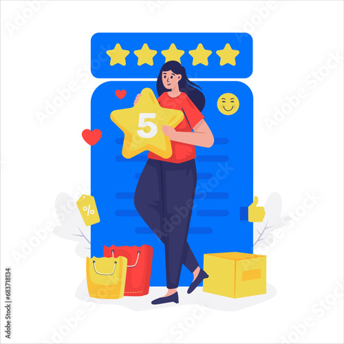 A woman shows a five star report for positive feedback vector illustration