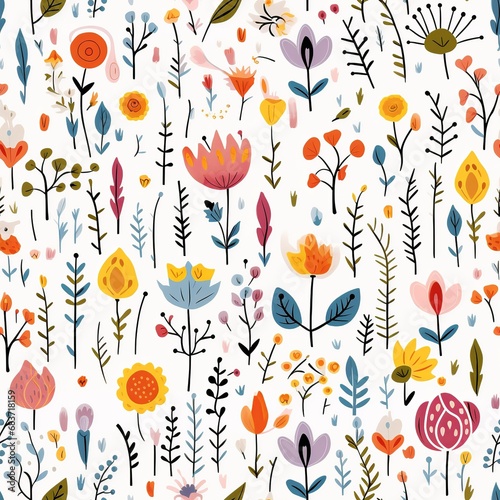 Children's Colorful Floral Doodle: Seamless Pattern Wallpaper 