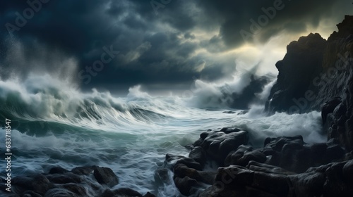 Stormy seascape with towering waves crashing against jagged cliffs. Dark storm clouds create an intense energy. Churning and frothing water adds to the wild frenzy of the stormy weather. 