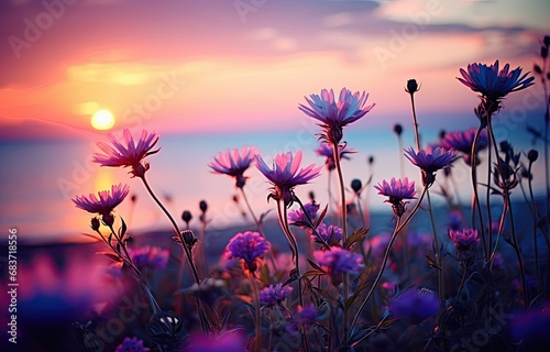 Flowers at sunset with colorful sky in the background