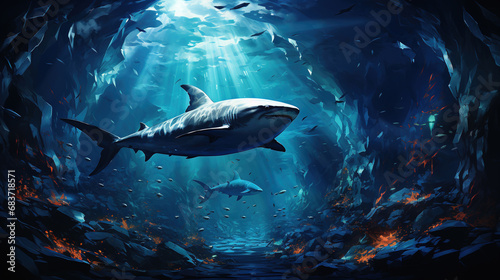 Sharks Swimming in Under Sea Water Seascape Oil Painting Background