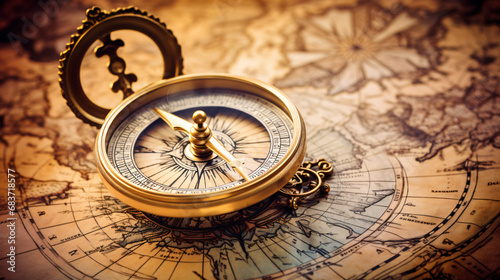 Antique compass on vintage map background