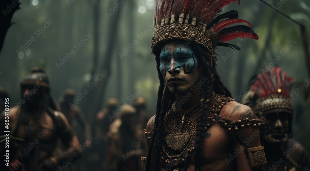 A tribal warrior with striking blue face paint stands ready in a misty forest surrounded by peers