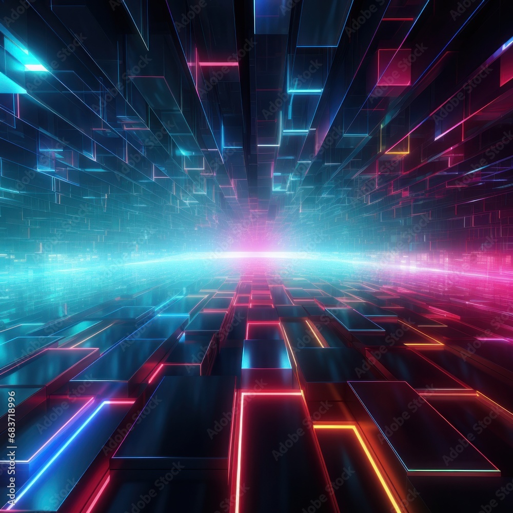 A perspective view inside a 3d rendered digital tunnel with vibrant neon lights A perspective view inside a 3d rendered digital tunnel with vibrant neon lights