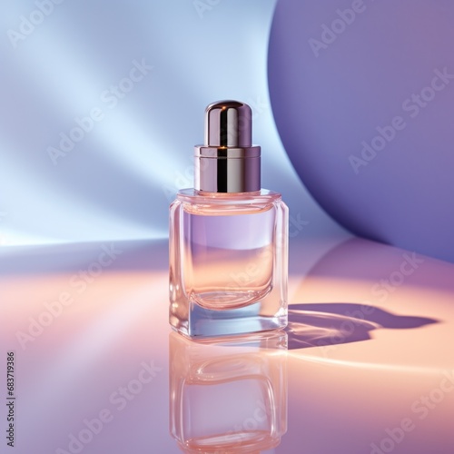 Elegant clear glass cosmetic dropper bottle, with a purple and blue gradient lighting effect