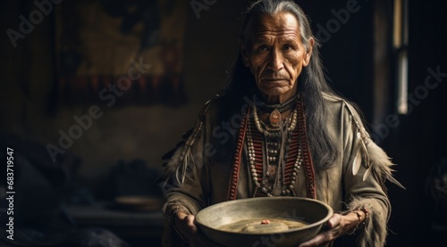 A somber native american man contemplates while holding a bowl, garbed in cultural attire
