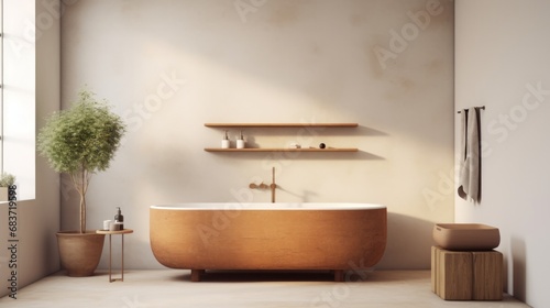 Contemporary bathroom interior with a unique wooden bathtub and minimalist plant decor