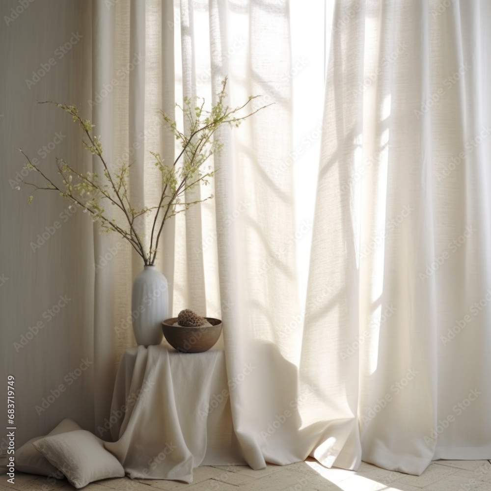 Elegant modern room featuring tall draperies, indoor plants in vases and a serene ambiance with soothing tones Elegant modern room featuring tall draperies, indoor plants in vases and a serene ambiance with soothing tones