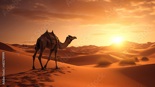 Lone camel stands of searing heat sandy desert watches at setting sun  camel symbolizes struggle against thirst  sweltering temperatures and unforgiving desert climate  endurance camel in desert