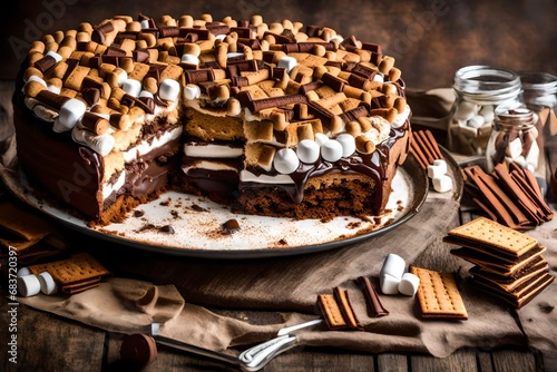 S'mores Cake, a campfire favorite with marshmallows, chocolate, and graham crackers.  photo