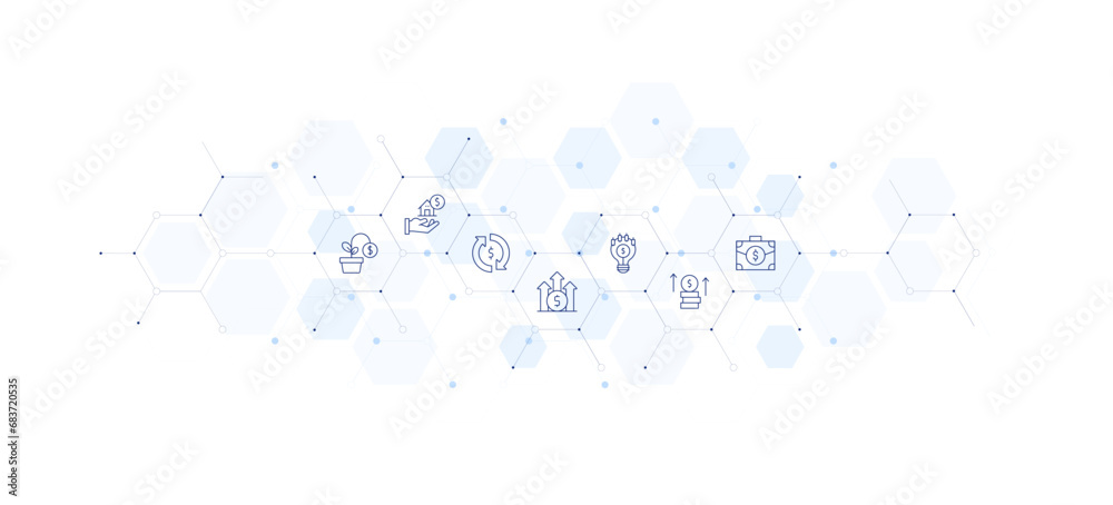 Investment banner vector illustration. Style of icon between. Containing mortgage, briefcase, circular economy, think, profit, low, investment.