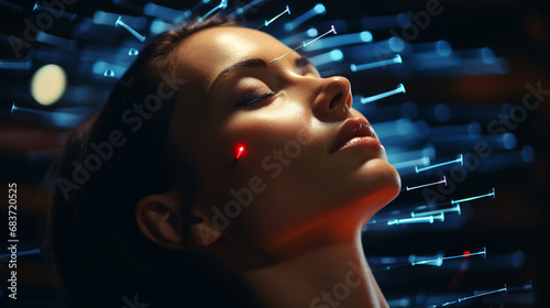 Acupuncture needles on woman face.